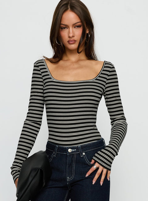 front view of model wearing Princess Polly Donica Square Neck Long Sleeve Bodysuit Grey Stripe Long Sleeve Tops 