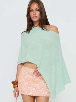 Featuring the Rouse Off Shoulder Knit Poncho Jelly Mint womens jumpers with long length side view of model wearing Princess Polly