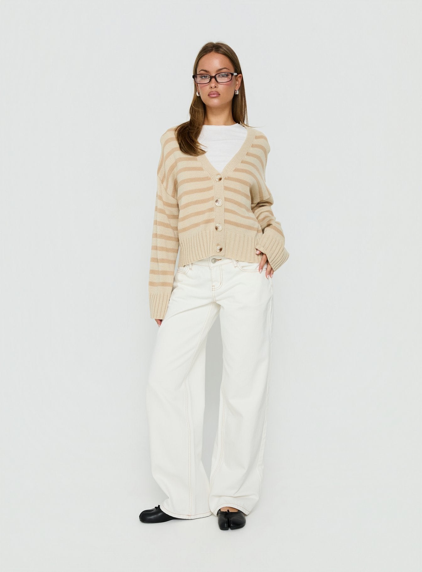 Featuring the Karlson Striped Cardigan in womens-jumpers with short oversized fit and v-neck detail view of model wearing Princess Polly