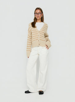 Featuring the Karlson Striped Cardigan in womens-jumpers with short oversized fit and v-neck detail view of model wearing Princess Polly