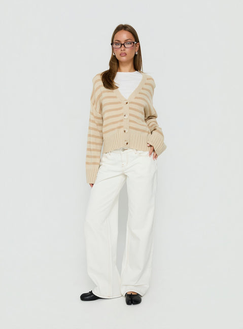 Featuring the Karlson Striped Cardigan in womens-jumpers with short oversized fit and v-neck detail view of model wearing Princess Polly