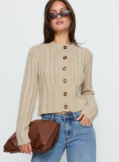 front view of model wearing Princess Polly Donielle Cable Knit Cardigan Beige cropped Jumpers 