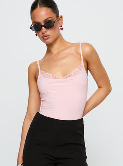 front view of model wearing Princess Polly Aetherial Lace Detail Bodysuit Pink Sleeveless 