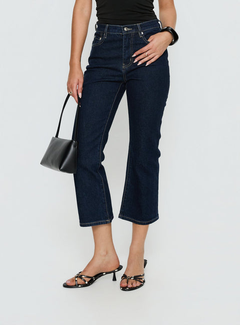 front view of model wearing Princess Polly Cindee High Rise Cropped Jeans Raw Indigo High Rise Jeans 