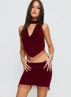   front view of model wearing Princess Polly Ginah Bead Tassel Mini Skirt Red Mini Skirts 