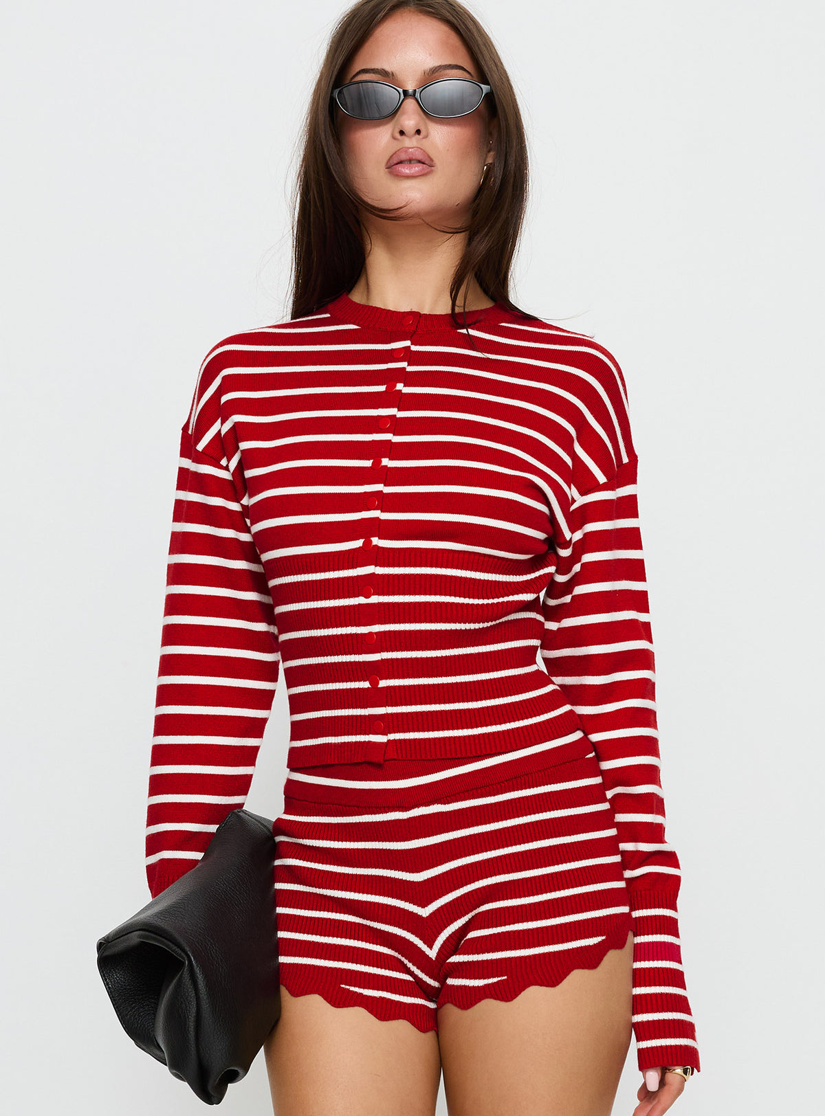 front view of model wearing Princess Polly Head In The Clouds Cardigan Crimson Stripe 
