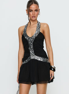 Aisleigh Sequin Halter Mini Dress Black / Silver