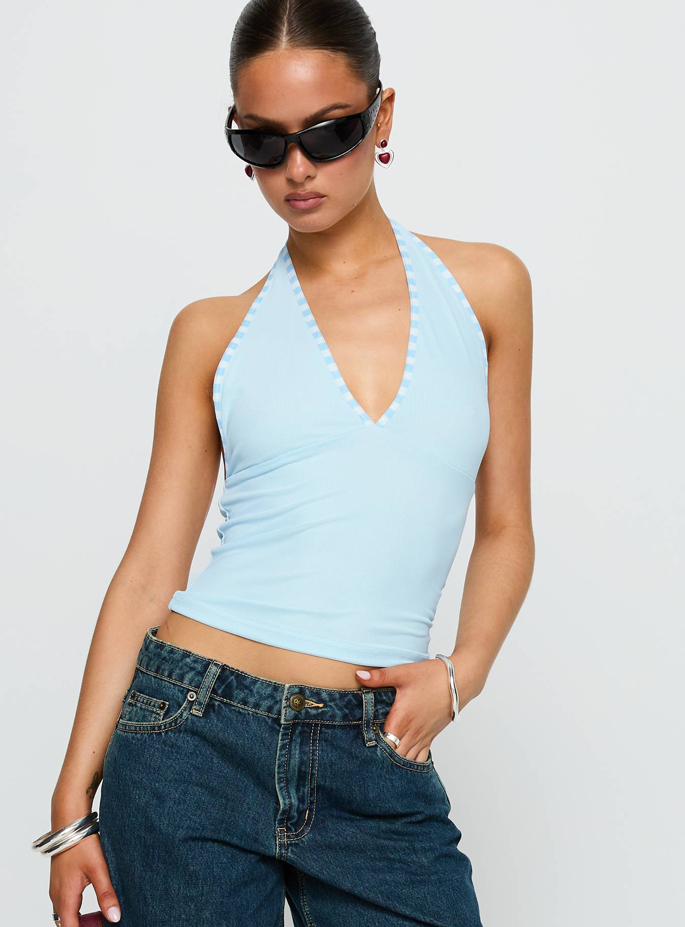 back view of model wearing Princess Polly Mirabelle Top Blue Sleeveless Plunger 