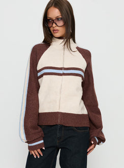 Showcasing the Lexanne Zip Through Knit Jumper Cream Multi womens-jumpers with short length detail Princess Polly