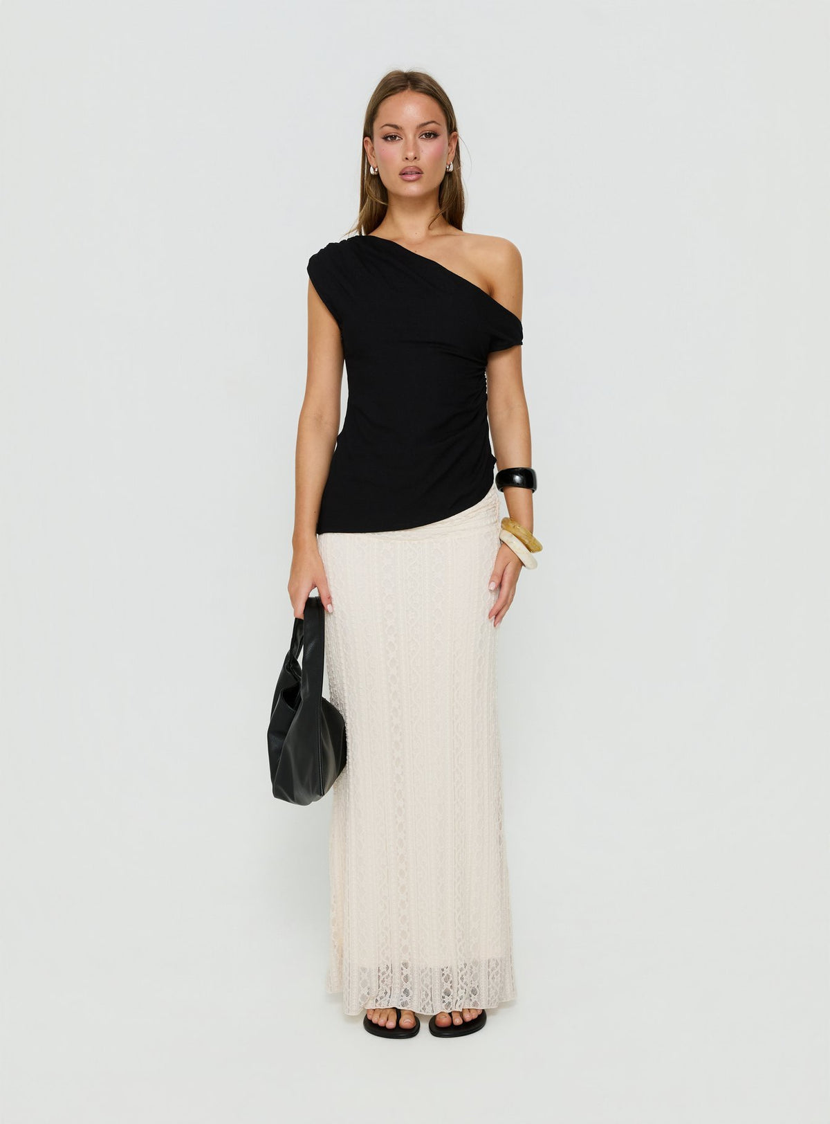 Discover the Katerine Ruched Lace Maxi Skirt Cream in womens-skirts front view of model wearing Princess Polly