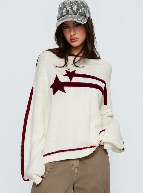 front view of model wearing Princess Polly Star Track Graphic Jumper Cream / Red Longline Jumpers 