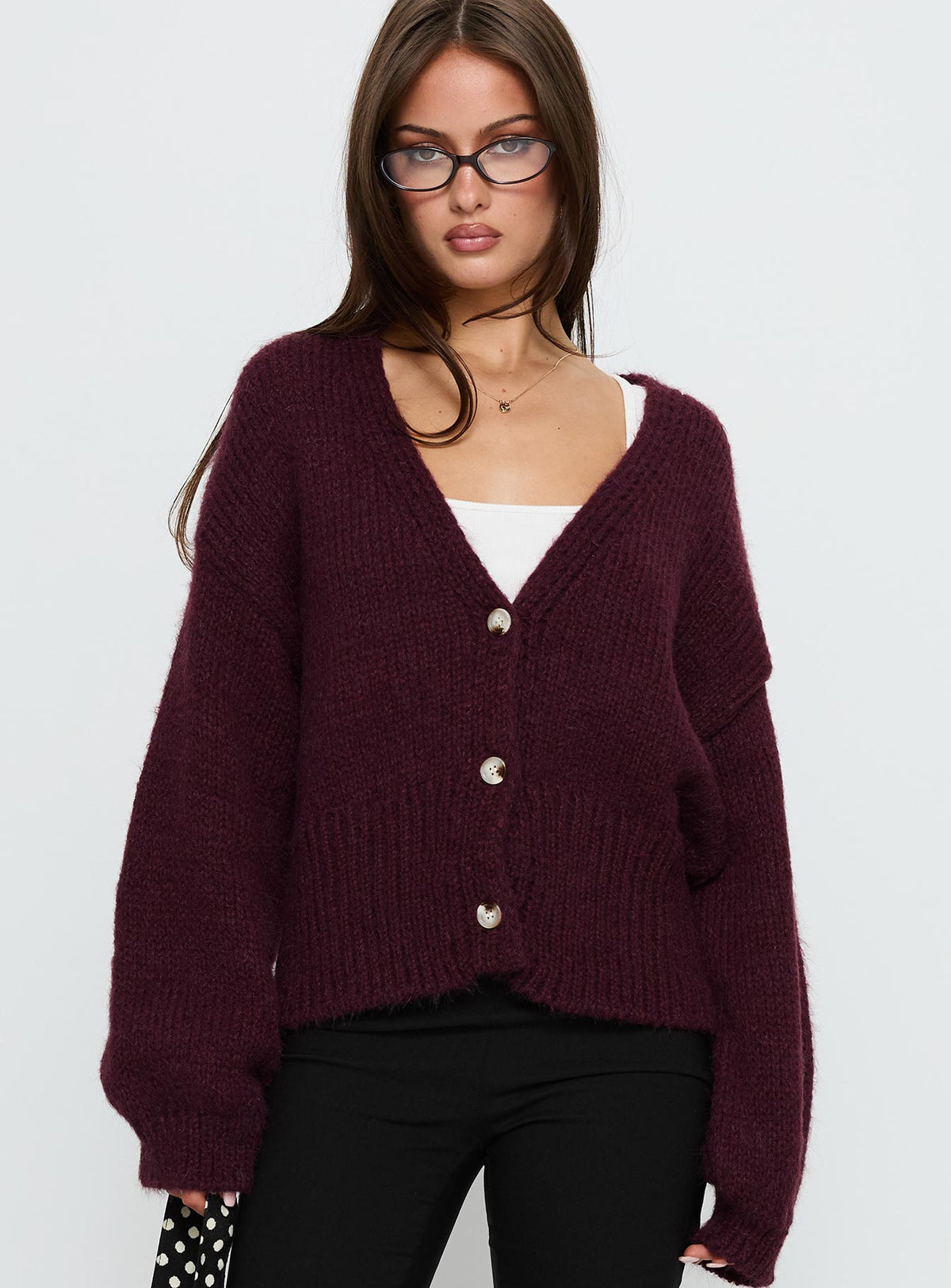front view of model wearing Princess Polly Yasmyn Knit Cardigan Burgundy Longline Jumpers 