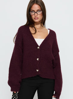 front view of model wearing Princess Polly Yasmyn Knit Cardigan Burgundy Longline Jumpers 