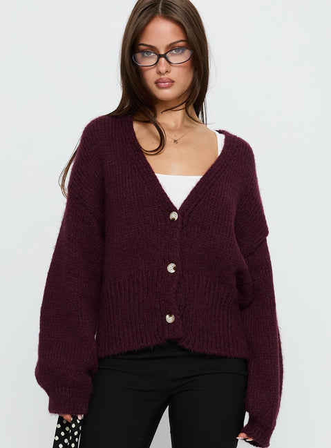 front view of model wearing Princess Polly Yasmyn Knit Cardigan Burgundy Longline Jumpers 
