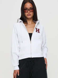 front view of model wearing Princess Polly Harvard Raglan Zip Up White / Red Jumpers 