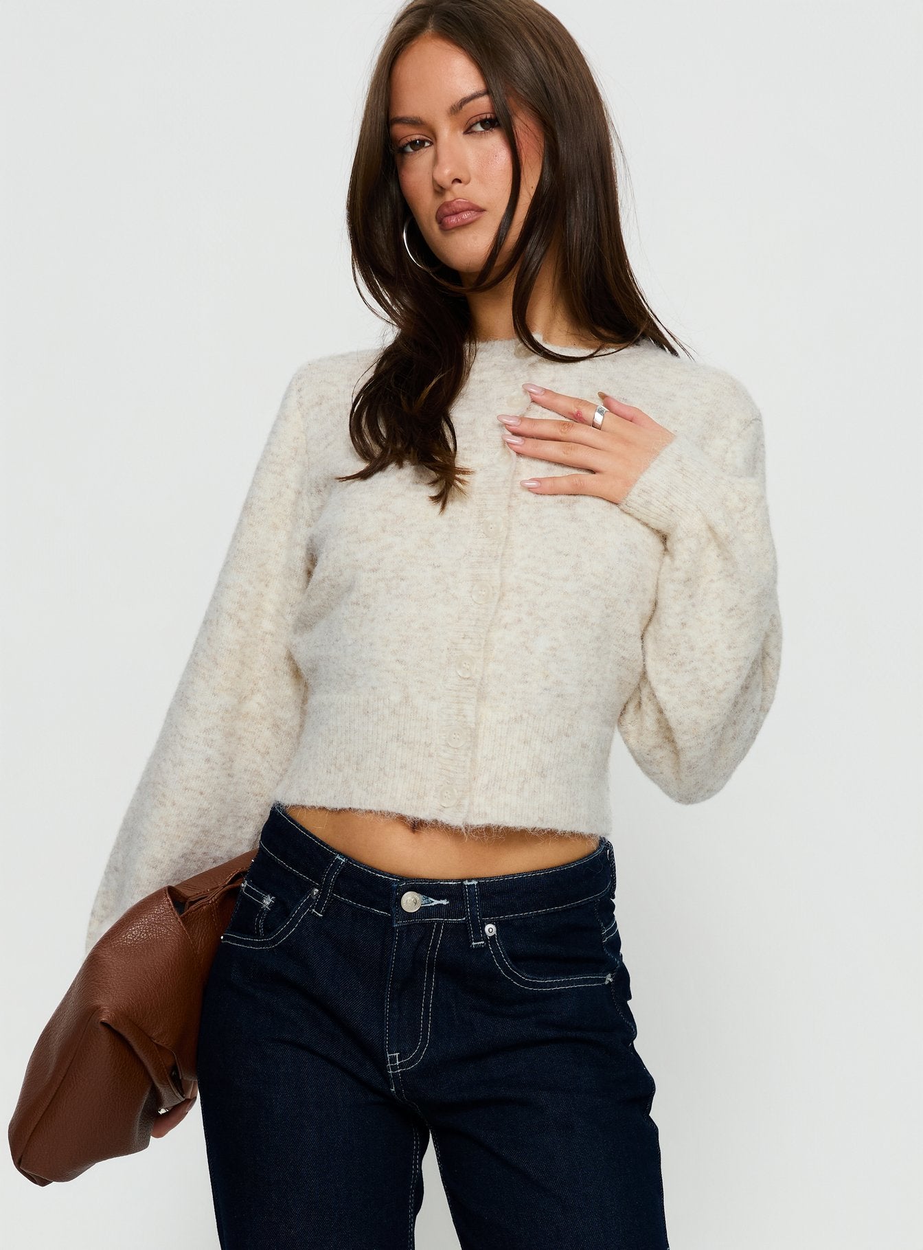 front view of model wearing Princess Polly Dawsen Button Down Cardigan Cream cropped 