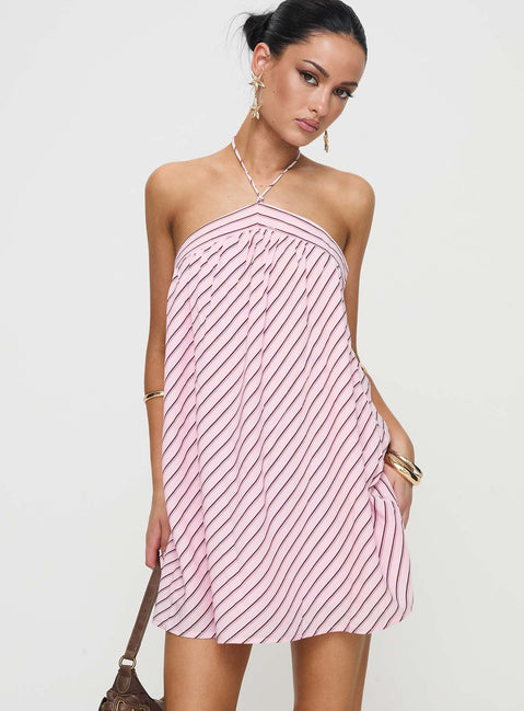 side view of model wearing Princess Polly Moonlit Mini Dress Pink Stripe Asymmetric Neckline 