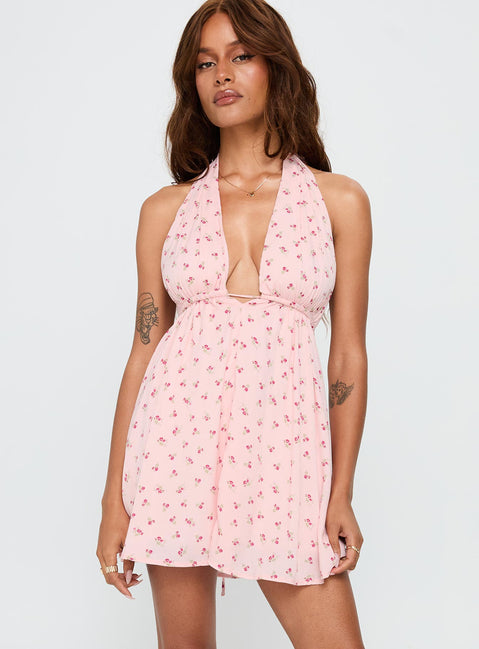 side view of model wearing Princess Polly Saddler Mini Dress Pink Floral Plunger 
