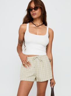 front view of model wearing Princess Polly Star Blaze Shorts Green Check High Waisted Shorts 