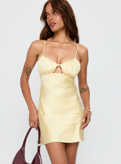 front view of model wearing Princess Polly Lulubelle Mini Dress Lemon Sweetheart Neckline 