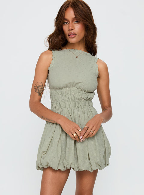 back view of model wearing Princess Polly Vittoria Bubble Hem Mini Dress Sage High Neck 