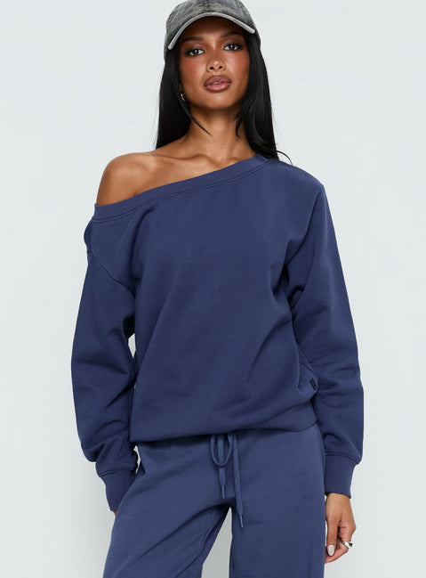 front view of model wearing Princess Polly Wellness Off the Shoulder Jumper Navy 