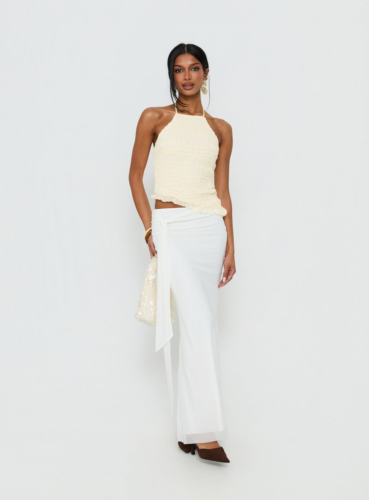   front view of model wearing Princess Polly Caviar Tie Maxi Skirt White Maxi Skirts 