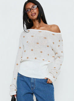 front view of model wearing Princess Polly Harvy Off Shoulder Knit Sweater White Polka regular 