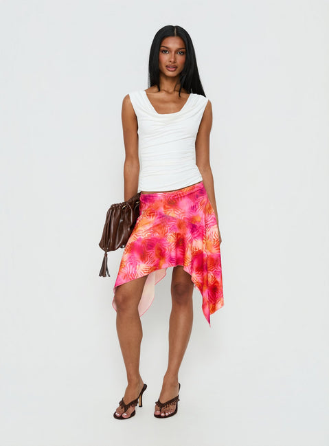   side view of model wearing Princess Polly Kimberlee Asymmetrical Midi Skirt Multi 