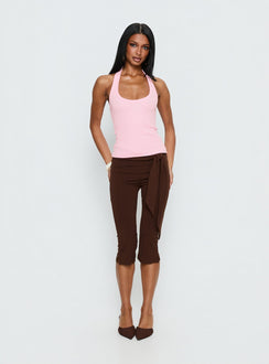 side view of model wearing Princess Polly Lizana Tie Side Capri Pants Brown Mid Rise Pants 
