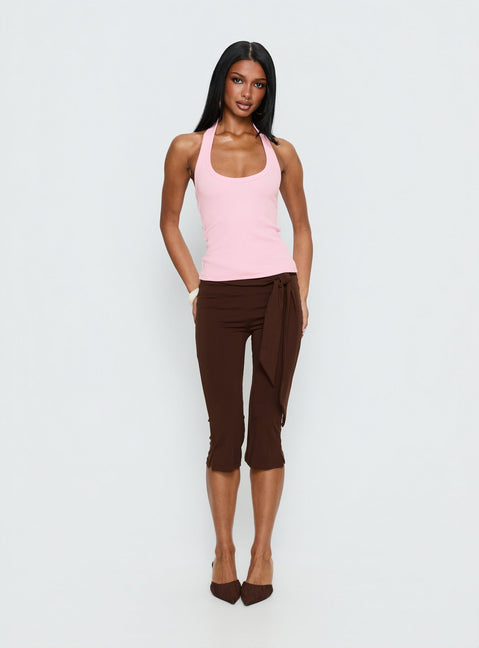 side view of model wearing Princess Polly Lizana Tie Side Capri Pants Brown Mid Rise Pants 
