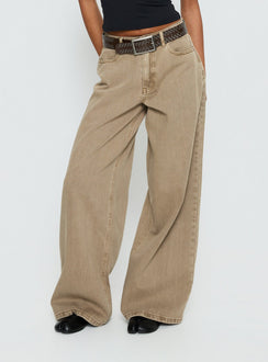 back view of model wearing Princess Polly Naylor Mid Rise Wide Leg Jeans Light Brown Wash Mid Rise Jeans 