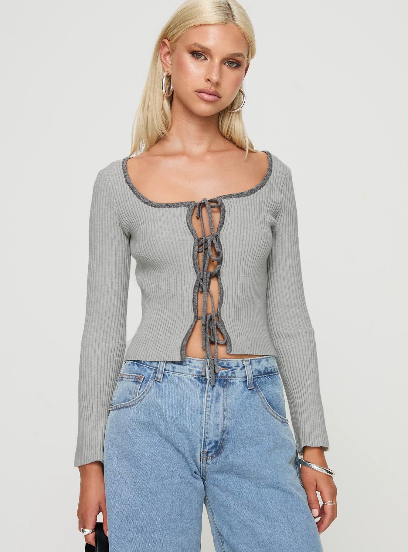 front view of model wearing Princess Polly Tahlea Long Sleeve Top Grey Full Sleeves Scoop Neck 