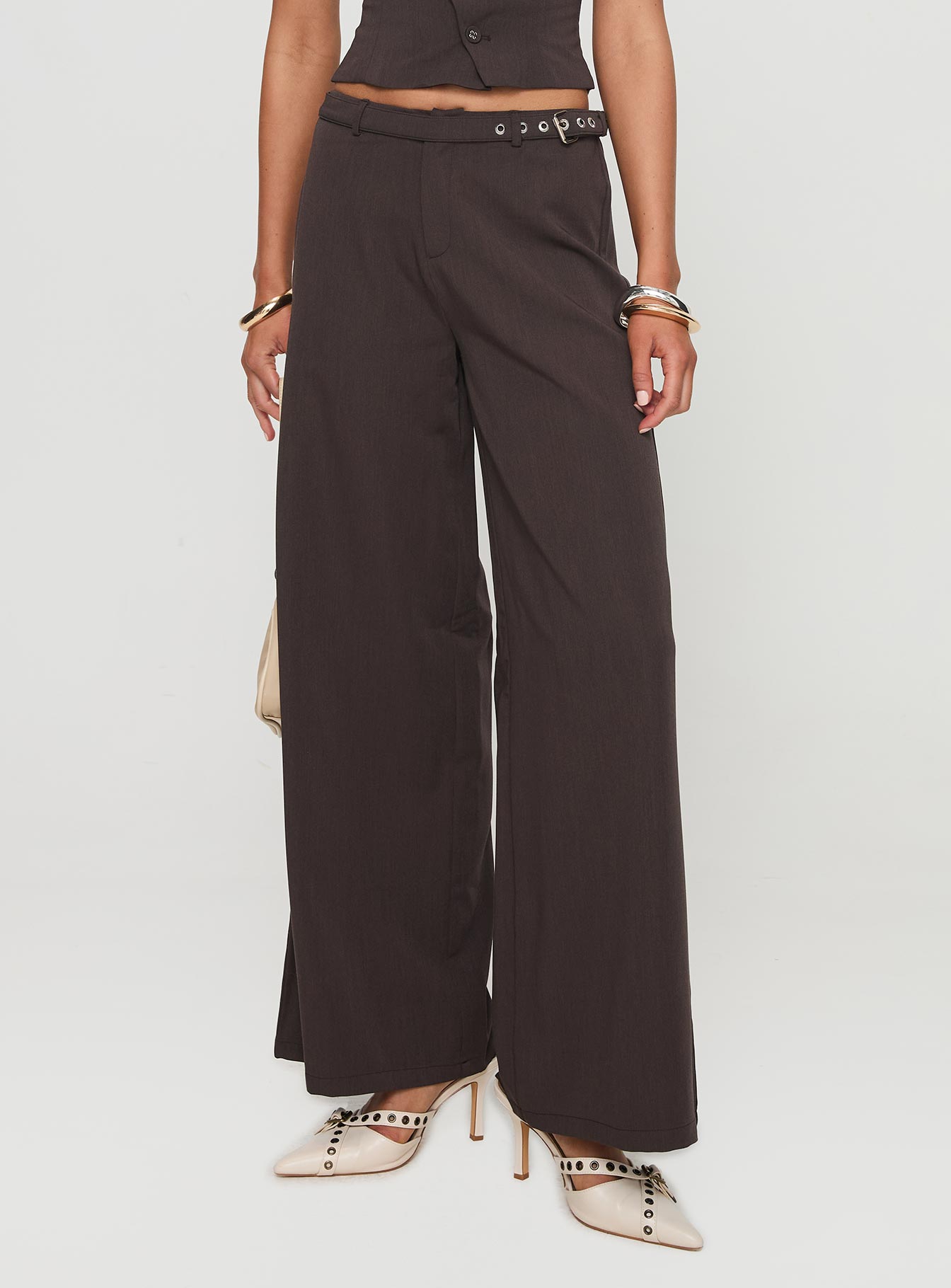 front view of model wearing Princess Polly Miku Pants Brown Mid Rise 