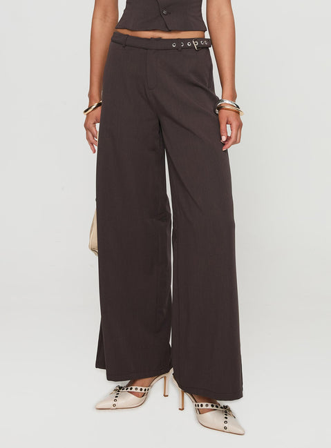 front view of model wearing Princess Polly Miku Pants Brown Mid Rise 