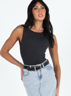 front view of model wearing Princess Polly Beresford Bodysuit Black Sleeveless Bodysuit 