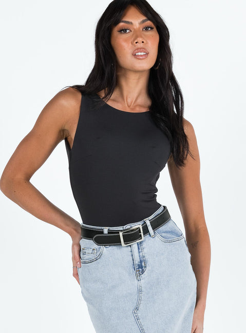 front view of model wearing Princess Polly Beresford Bodysuit Black Sleeveless Bodysuit 