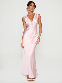 side view of model wearing Princess Polly Liliya Lace Maxi Dress Pink Plunger 