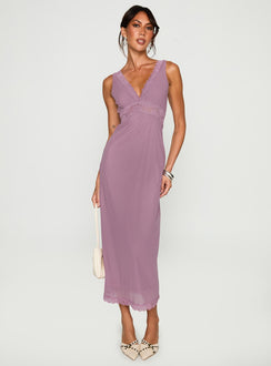 front view of model wearing Princess Polly Between The Lines Lace Trim Maxi Dress Purple Plunger 