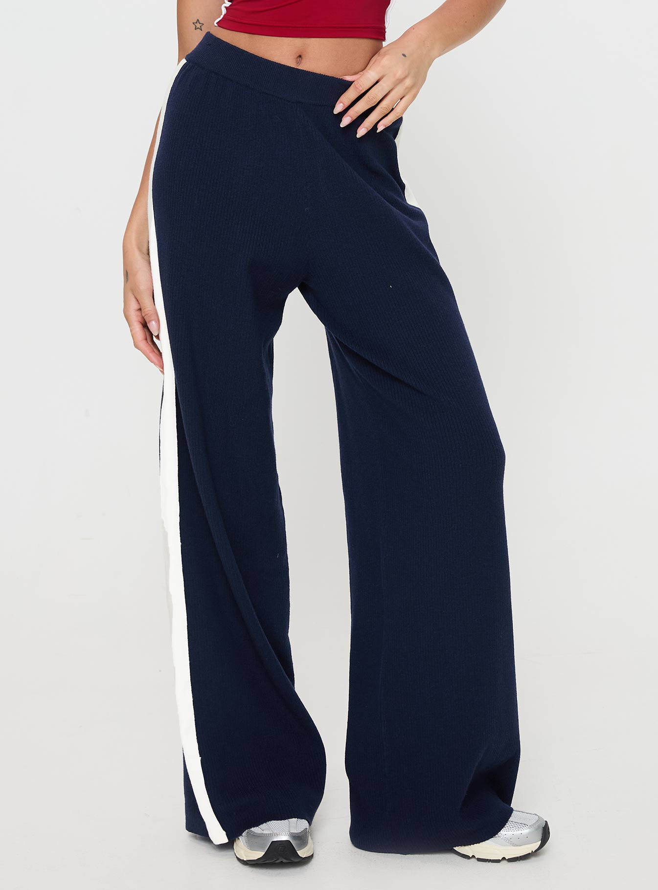 front view of model wearing Princess Polly Albright Pants Navy / Milk Mid Rise 
