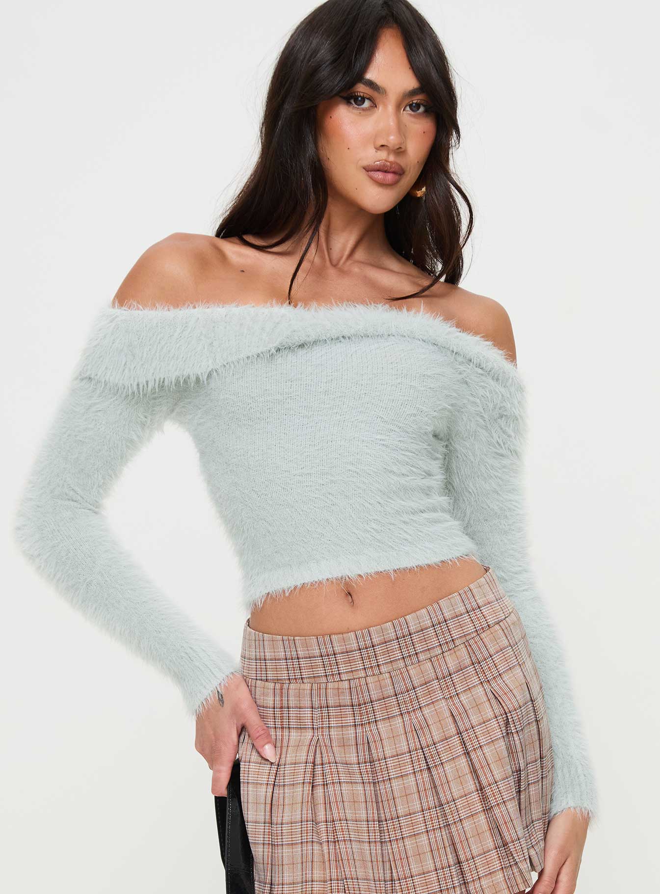front view of model wearing Princess Polly Coecoe Off The Shoulder Sweater Grey Cropped Jumpers Jumpers 