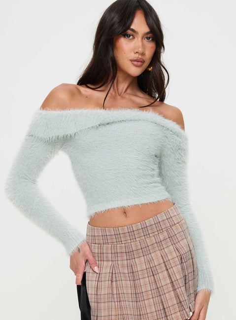 front view of model wearing Princess Polly Coecoe Off The Shoulder Sweater Grey Cropped Jumpers Jumpers 