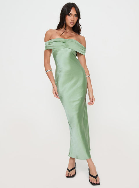 front view of model wearing Princess Polly Sadee Maxi Dress Sage Straight Neck 