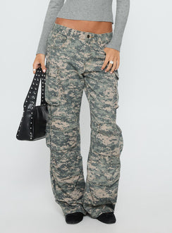side view of model wearing Princess Polly Sweetness Low Rise Straight Leg Jeans Digital Camo Low Rise Jeans 