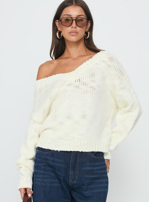 front view of model wearing Princess Polly Talassa V Neck Knit Sweater White Cropped Jumpers 