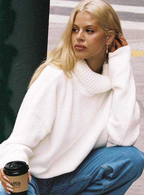 back view of model wearing Princess Polly Oswin Turtleneck Sweater White Long 