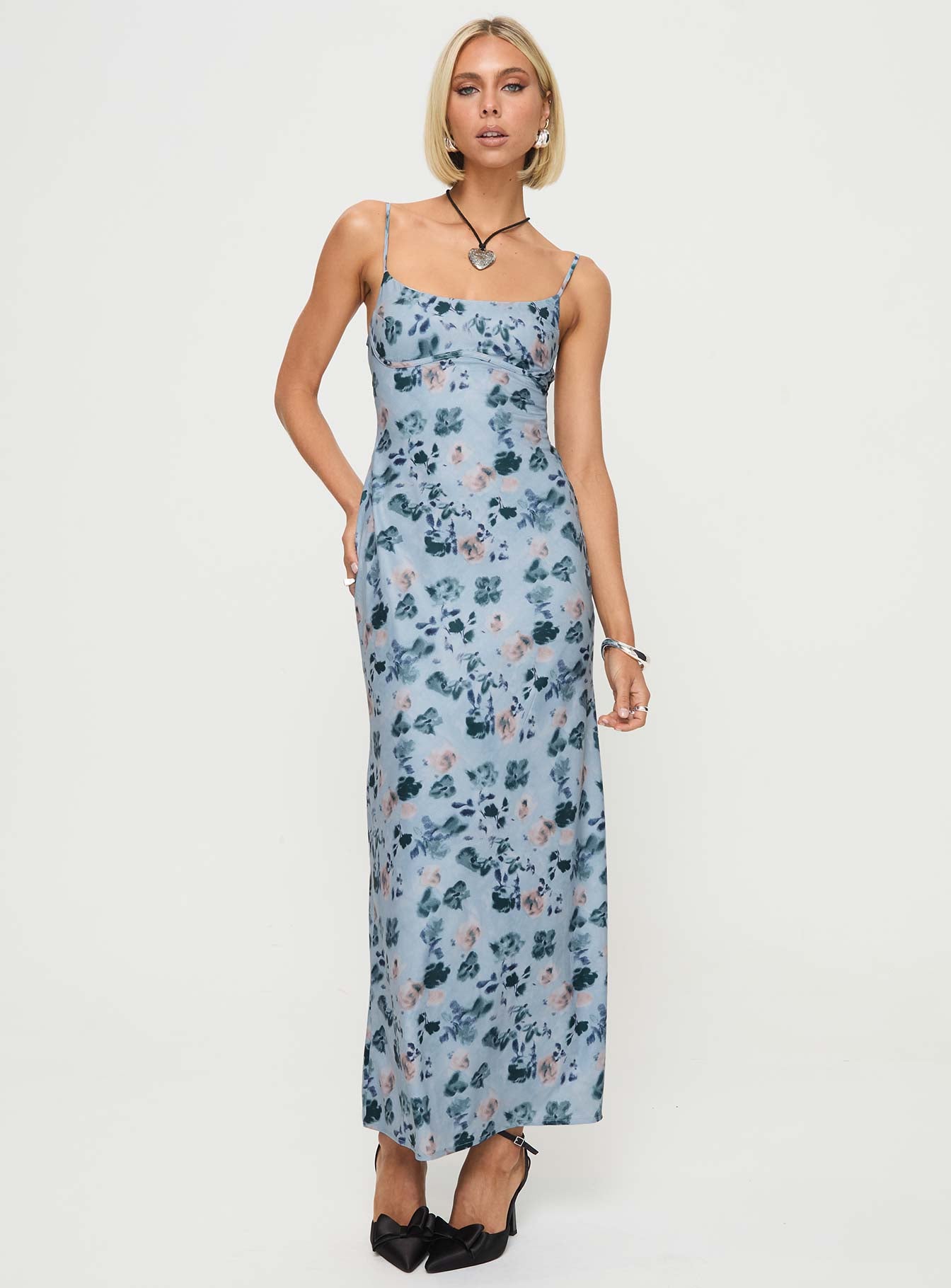 front view of model wearing Princess Polly Ravia Maxi Dress Blue / Floral Square Neck 