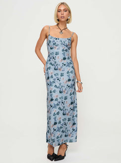 front view of model wearing Princess Polly Ravia Maxi Dress Blue / Floral Square Neck 