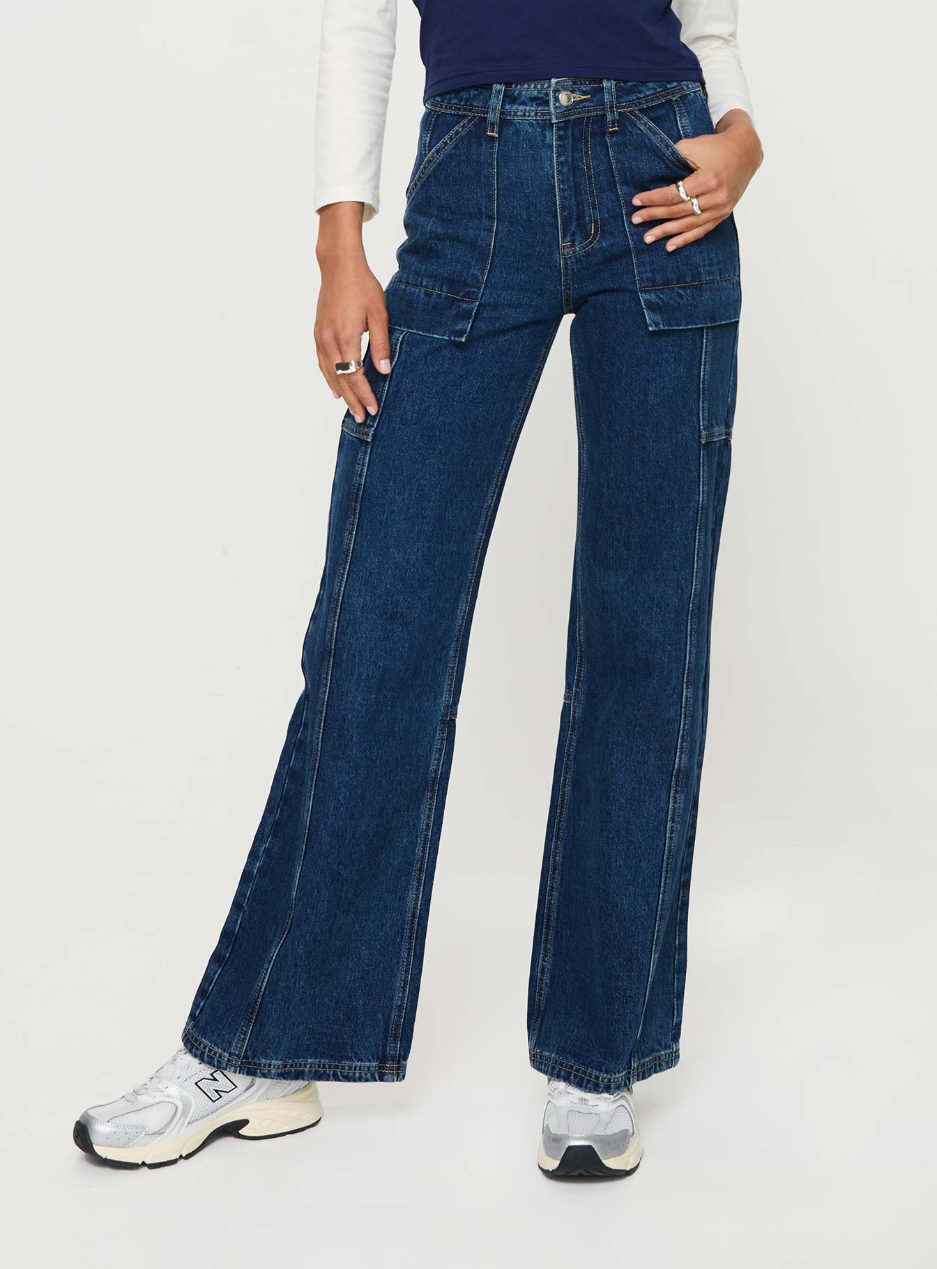 front view of model wearing Princess Polly Chad Cargo Jeans Dark Wash Denim Mid Rise 