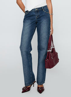 front view of model wearing Princess Polly So Dazzling Studded Low Rise Jeans Dark Wash Low Rise Jeans 